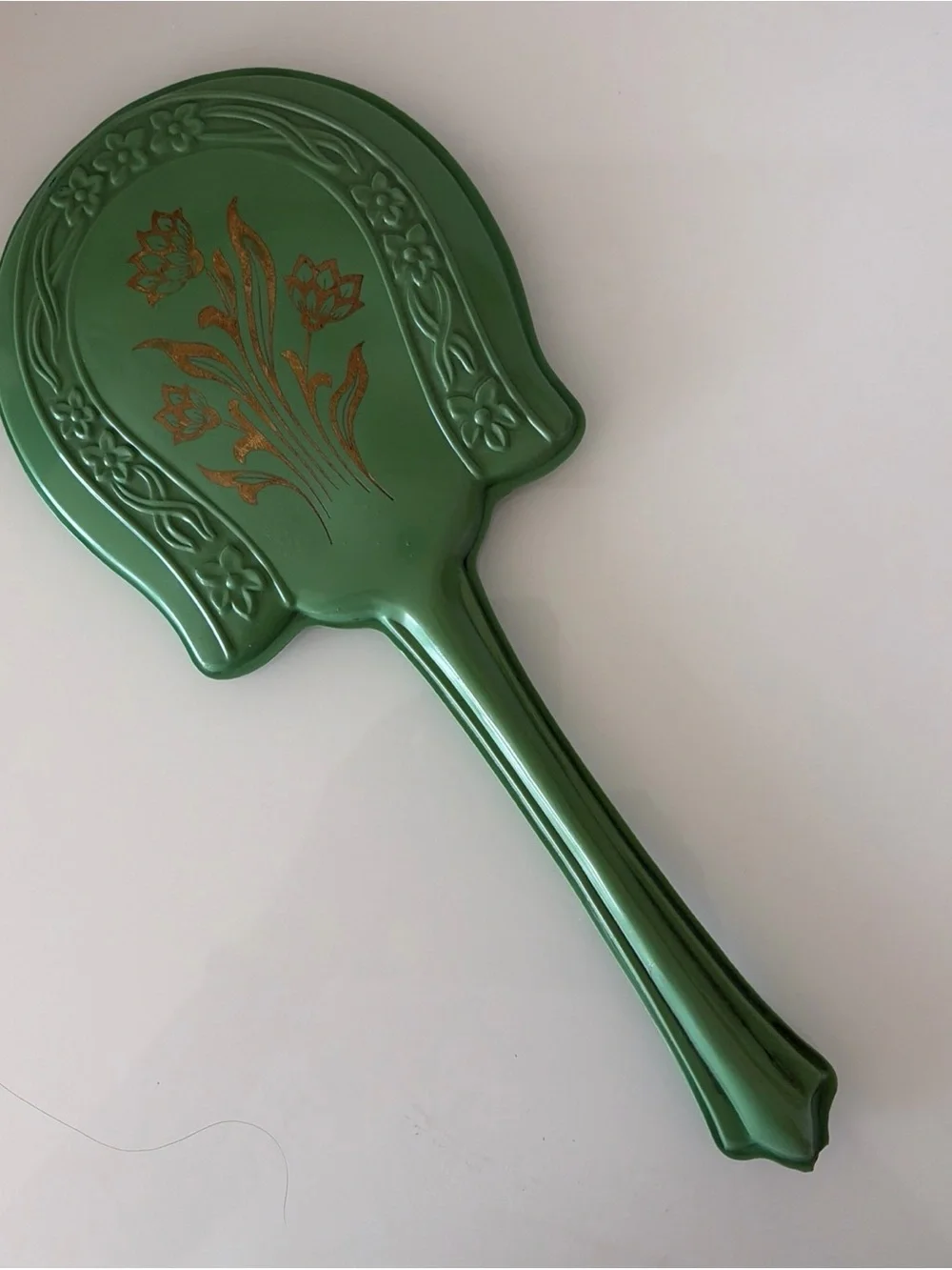 Vintage Sage Green Floral Hand Mirror 13” Vanity MCM Retro Cottagecore
